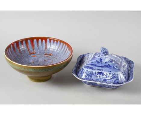 A 19th century blue and white Spode "Italian" pattern square shaped tureen and cover, 9 1/4" high, and a Poole Pottery bowl, 