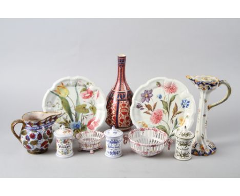 A Cantagali lustre decorated sprinkler bottle vase, a Rouen pottery candlestick, an Italian lustre decorated jug, two pierced