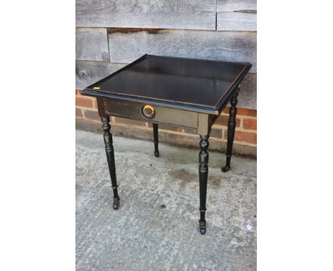 An Edwards &amp; Roberts ebonised square tray top occasional table, on slender turned supports, 19" square x 22" high 