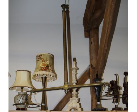 A late 19th century "T" bar two-light gasolier with white glass shades (now converted to electricity), 51" wide 