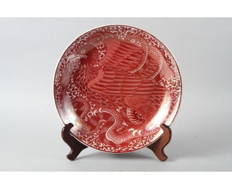 A William de Morgan red lustre charger, decorated eagle and snake, 14" dia Condition:There is all over fine crazing to the gl
