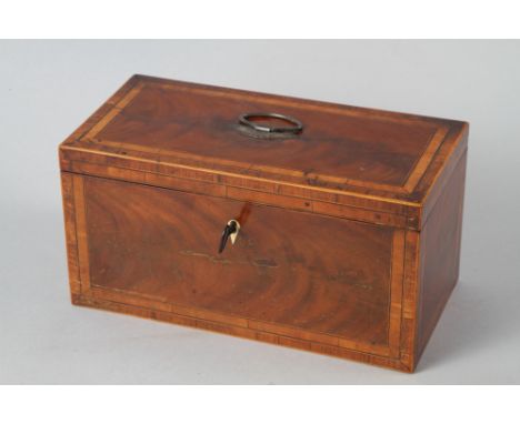 A 19th century mahogany and banded two-division tea caddy with Bristol blue glass mixing bowl 