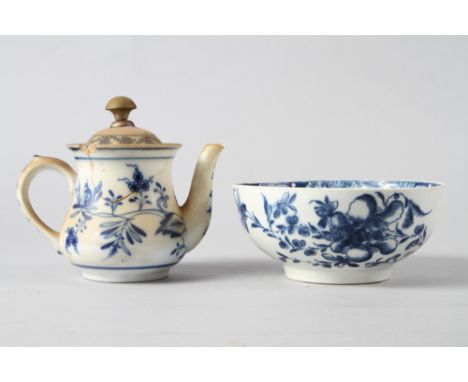 A 19th century Worcester blue and white bowl with floral decoration 3"h x 6" dia (rubbing) and a similar teapot (damages)