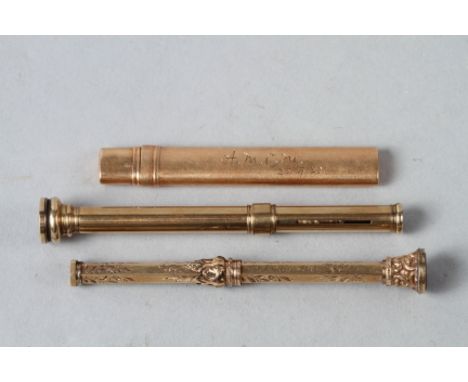 A S Mordan &amp; Co 9ct gold cased carpenter's pencil and two yellow metal propelling pencils 