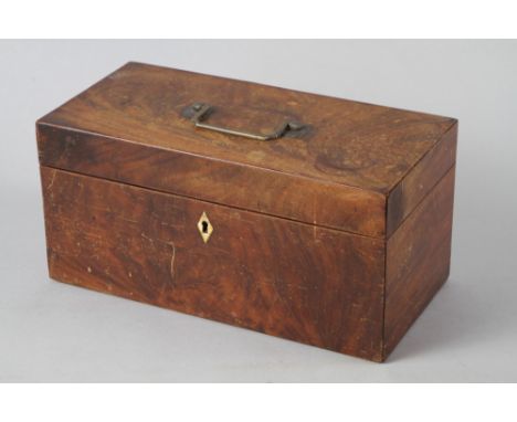 A 19th century mahogany two-division tea caddy with central glass mixing bowl, 12" wide 