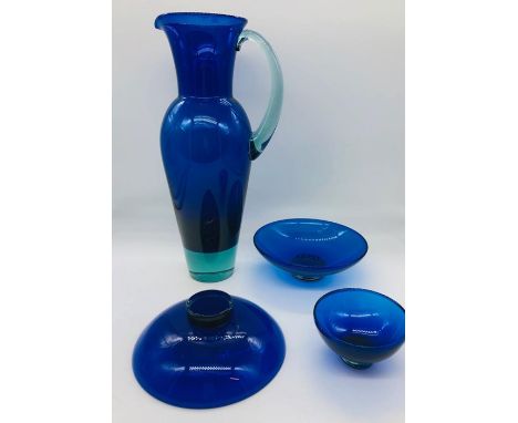 Anja Kjoer designed - Copenhagen Glass made - cobalt blue set.  3 dish/bowls and a Pitcher.