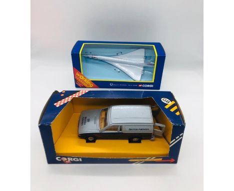 A Corgi Diecast model of a British Airways liveried Ford Escort Van along with a Corgi Concorde with moving nose cone. 