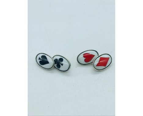 Playing card themed, silver and enamel cuff links.