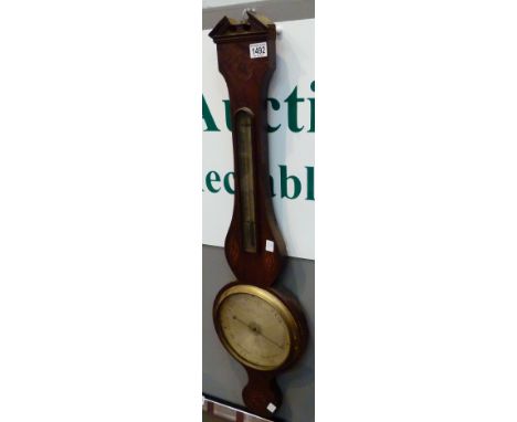 PEDUZZIL BAROMETER. Banjo barometer thermometer in a mahogany case