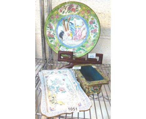 CANTON ENAMEL DISHES. Three Canton enamel dishes and one stand largest L: 31 cm