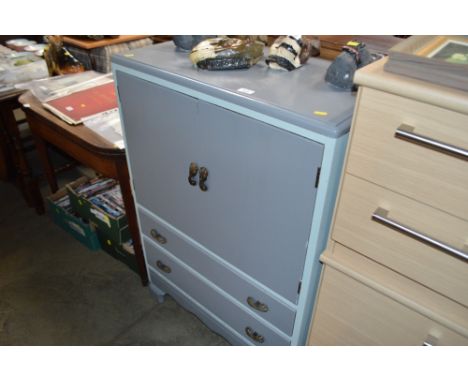 A grey painted tall boy fitted two drawers