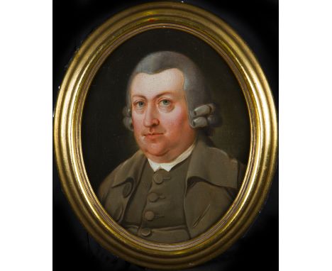 Framed, unsigned, oil on tin, bust length portrait of an 18th Century gentleman in wig and light brown single breasted jacket