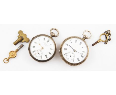 A Victorian key wind open face fob watch, the white enamel dial having hourly Roman numeral markers with minute track border 