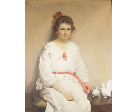 WALTER ERNEST WEBSTER (1878-1959) Framed, signed, oil on canvas, portrait of Ulrica Anne, in white dress with pink sash belt,