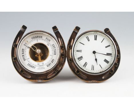 A 20th Century French clock barometer combination with silver plated horse shoe design dial frames, clock having white enamel