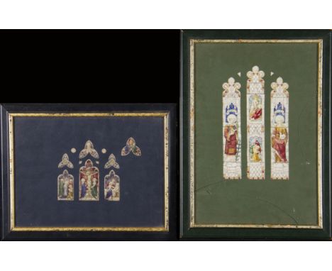 Two framed, unsigned, watercolours on paper, stained glass window designs, one with three lights and eight traceries, the cen