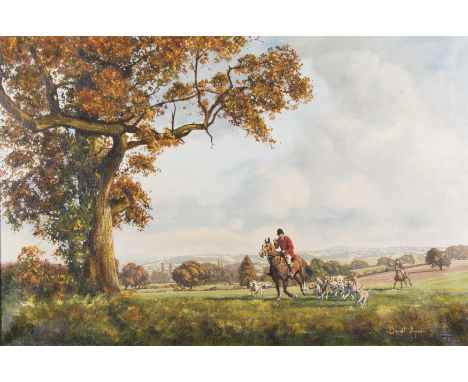 DONALD AYRES (b. 1936) Framed, signed, oil on canvas, 20th Century English School, hunting scene with riders on horseback lea