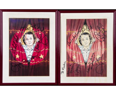 TRIST. Framed, signed, pen and ink and watercolour on paper, showing Jasper Carrott peering through red curtains, signed by J