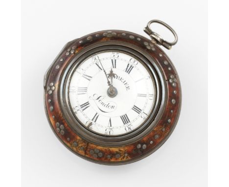 An antique white metal triple cased Charles Cabrier, London, verge movement open face pocket watch, the white enamel dial hav