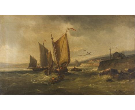 E. B. Framed, signed with initials, 19th Century oil on canvas, coastal seascape with figures in various boats, 37cm x 62cm.