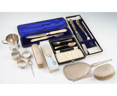 A lot to include a matched Art Deco style three piece dressing table set to include a hair brush, hand brush and hand held mi