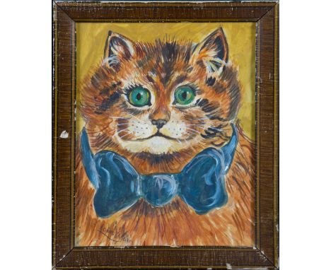 After LOUIS WILLIAM WAIN (1860 - 1939) Framed, bears name, watercolour on paper, study of a cat in blue bow tie, 22.5cm x 17c