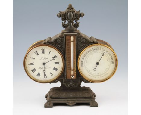 An early 20th Century clock, barometer, thermometer combination having cast patterned metal body with circular clock and baro