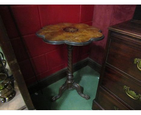 A Victorian burr walnut inlaid tripod occasional table with turned column on carved feet, 75cm tall, a/f