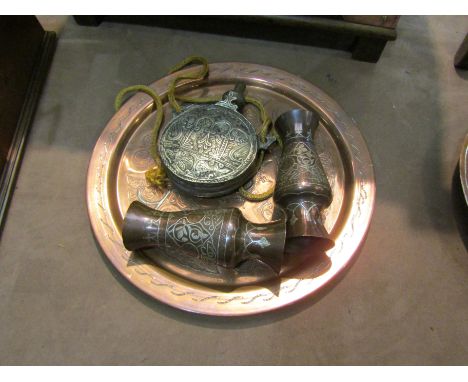 A silver overlaid copper tray, pair of silver overlaid copper vases and an Islamic powder flask 