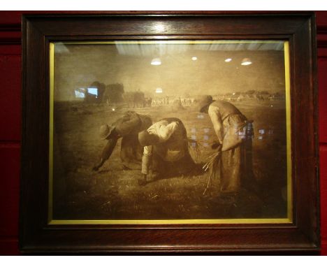 After Jean-Francois Millet (1814-1875) "The Gleaners" sepia 19th Century print in oak frame with gilt wood slip, 42cm x 56cm 