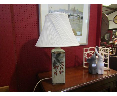 COLIN KELLAM (B.1942): A studio pottery table lamp base with painted Fuchsia design, cloth shade, lamp 28cm, overall 49cm