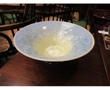 A blue glazed ceramic flared centre bowl with pearlescent interior, 16cm tall, 38.5cm diameter 