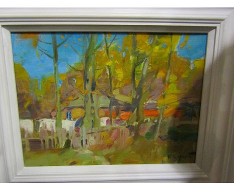 K CEPZEM (SERGEI KOVALENKO): oil on board depicting trees with buildings in background, framed, 28 x 38cm