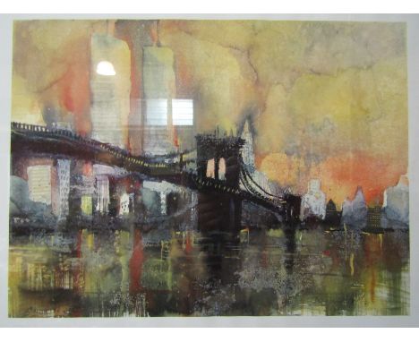 A Bernhard Vogel, Waterman Fine Art Ltd print 1988, Brooklyn Bridge with New York to background, framed and glazed, 39cm x 49