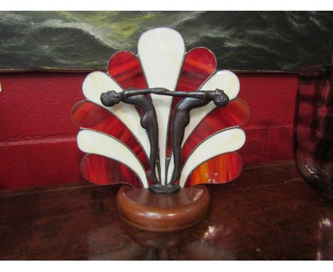 An Art Deco style lead glass and bronzed lamp, 28cm tall 