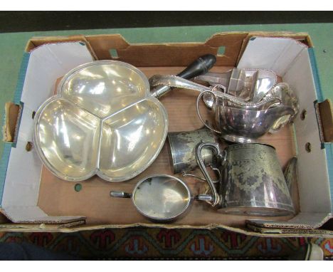 A silver plated three piece tea set, trefoil serving dish, sugar castor, ladle etc 