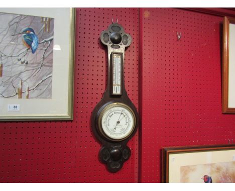 An oak cased R A Jones & Sons Ltd (Southend-on-Sea) banjo barometer and thermometer, 60cm length 
