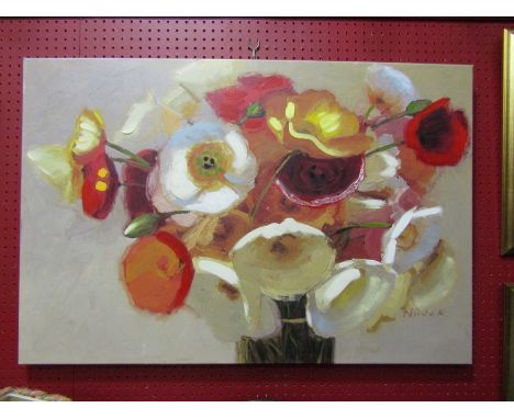 A canvas print depicting a vase of poppies over painted and textured in places, 61cm x 90cm 