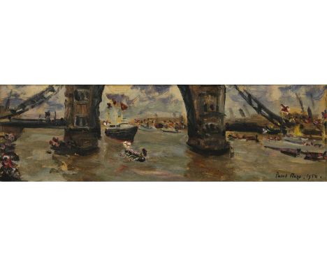 *Paul Lucien Maze (French, 1887-1979)Royal Yacht Britannia entering the Pool of London, 15 May 1954signed and dated 'Paul Maz