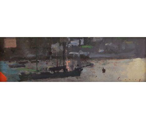 *Fred Cuming RA (b.1930)Moored yachts at sunsetsigned 'Cuming' l.r., oil on board9 x 25cm*Artist's Resale Right may apply to 