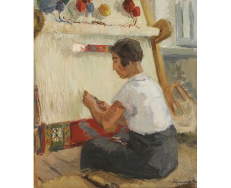 Elena Abramyan (Armenian, 1912-2012)'Weaving a carpet', 1950signed in Cyrillic and dated 1950 l.r., also dated verso, oil on 