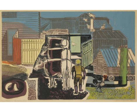 *Edward Bawden RA (1903-1989)Ives Farm, Great Bardfield, 1957linocut in colours, artist's proof, signed, inscribed, dated and