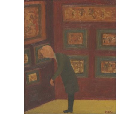 *Halina Korn (Polish, 1902-1978)At the gallerysigned 'Korn' l.r., oil on board35 x 30cmLeaning in to peer closer at a picture