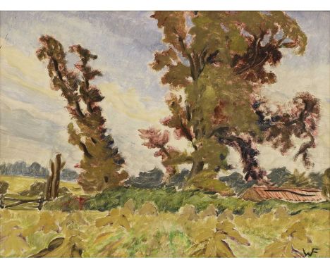 *Waveney Frederick (1911-1999)A landscape with trees, a farm beyondsigned with initials l.r., oil on board36.5 x 37.5cm*Artis