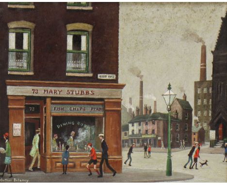 *Arthur Delaney (1927-1987)The Chip Shopsigned 'Arthur Delaney' l.l., oil on board26.5 x 33cm'If I say this is not a real pla