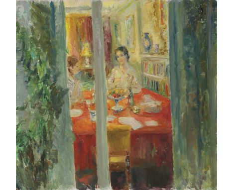 *John Frederick Lloyd Strevens (1902-1990)The artist's daughter and wife at their home, c.1985-88oil on board76.5 x 80.5cm, u
