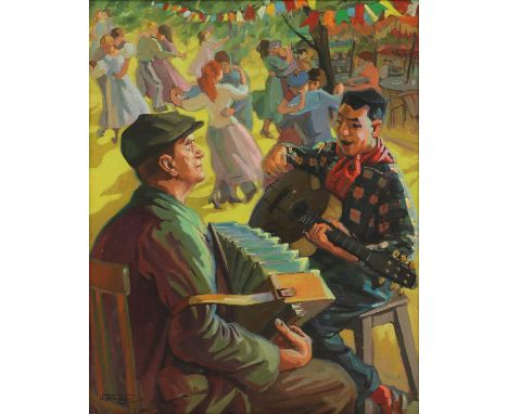 *Odette Bruneau (French, 1891-1984)Musicians playing the accordion and the guitar, couples dancing beyondsigned 'O Bruneau' l