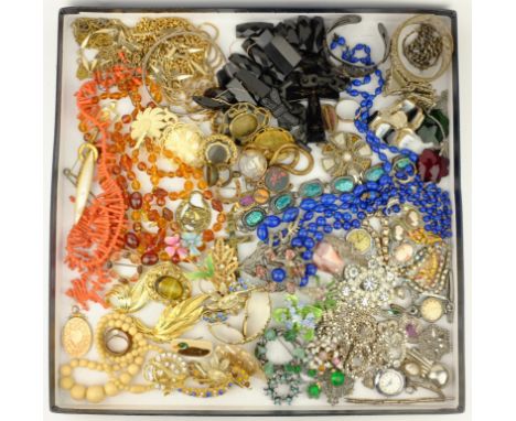 Victorian and later jewellery and watches including two Lapis Lazuli bead necklaces, jet, mourning brooches, gold ruby and se