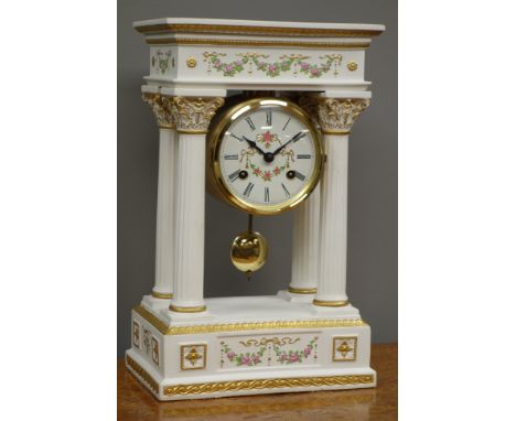 Porcelain 'Empress Josephine' Portico clock decorated with roses,  by 'Franklin Mint', Roman dial, striking the hours and hal