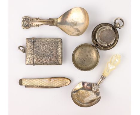 George IV silver caddy spoon, Victorian silver caddy spoon with mother of pearl handle both hallmarked, vesta case Birmingham